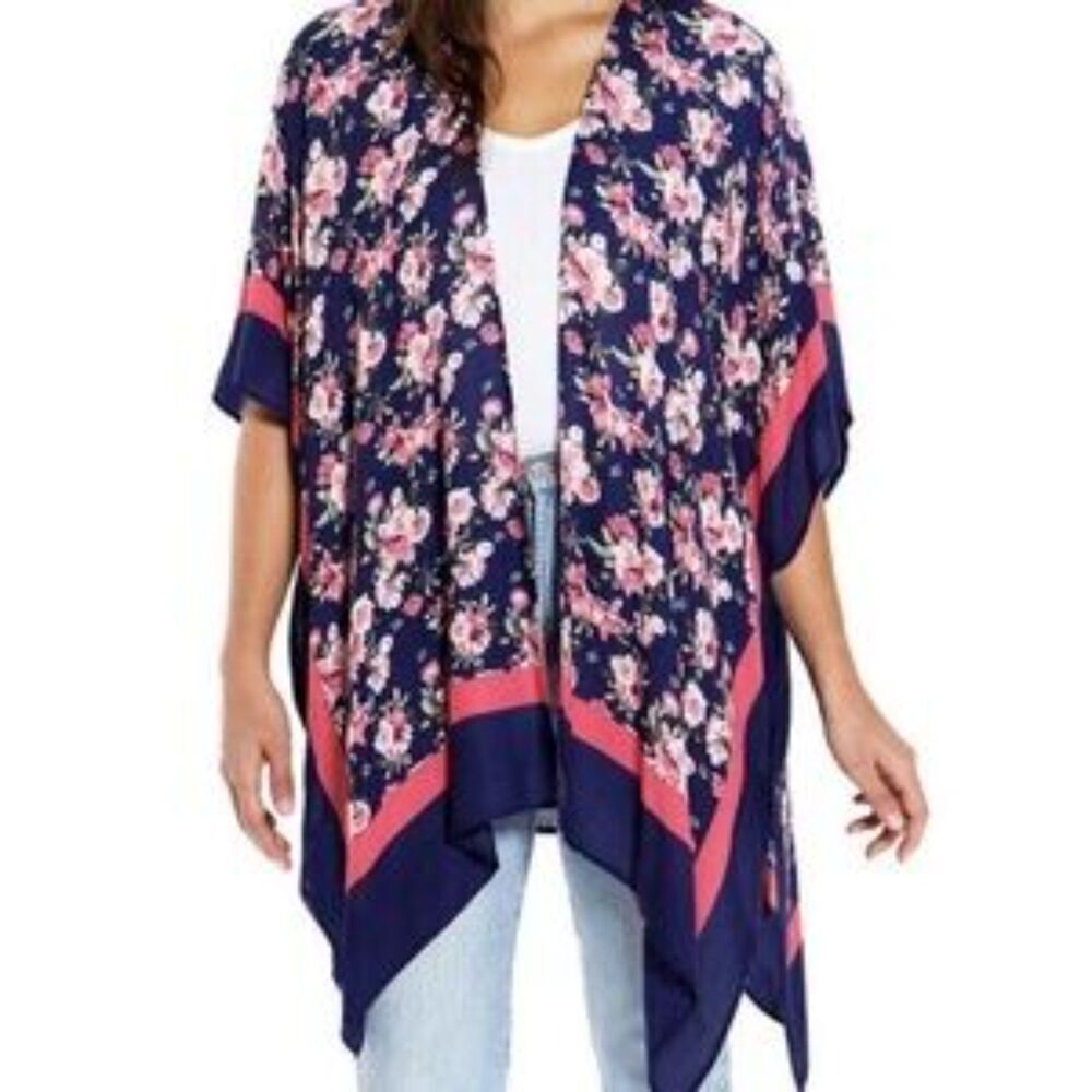 Floral Kimono Navy Pink Open Front Lightweight Cover Up